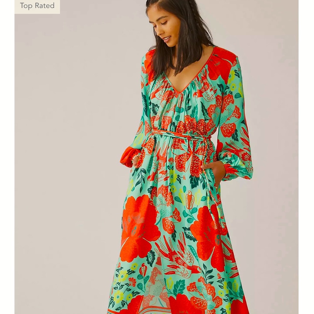 Anthropologie Red and Green Floral Maxi Dress